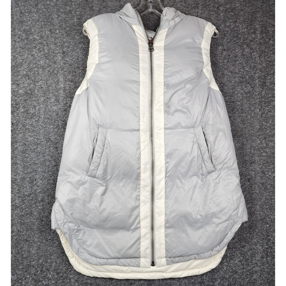 Sundance Longline Puffer Vest Women Grey Cream Faux Fur Hood Zip Front